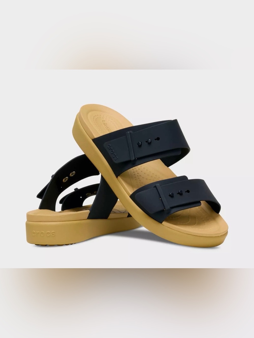 CROCS Brooklyn buckle Two-Strap Slides in Black and Tan women’s size 10-NWT